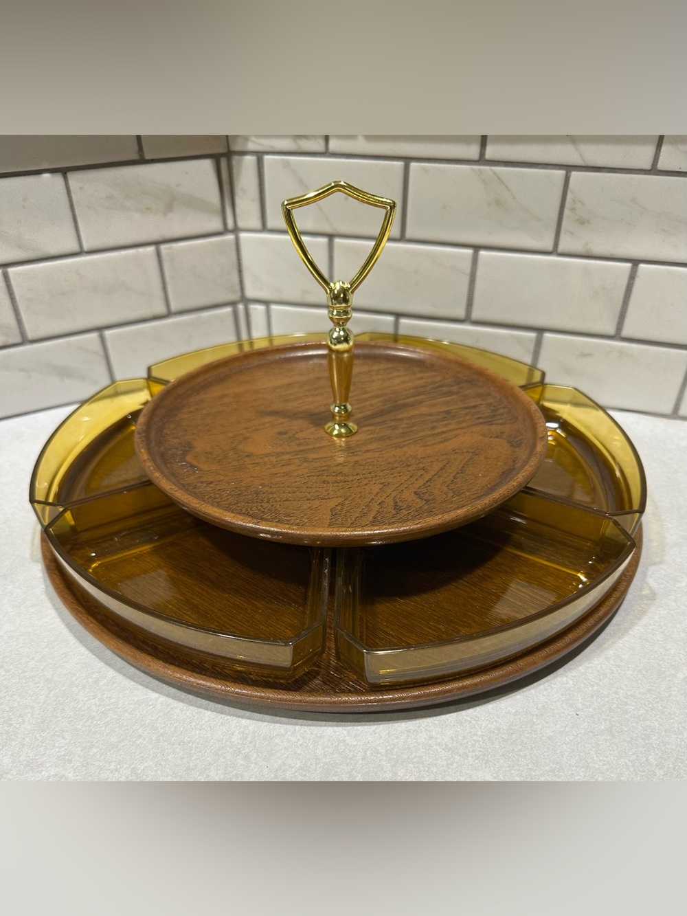 Mid Century Lazy Susan Appetizers Serving Tray Faux Wood With 6 Removable Trays